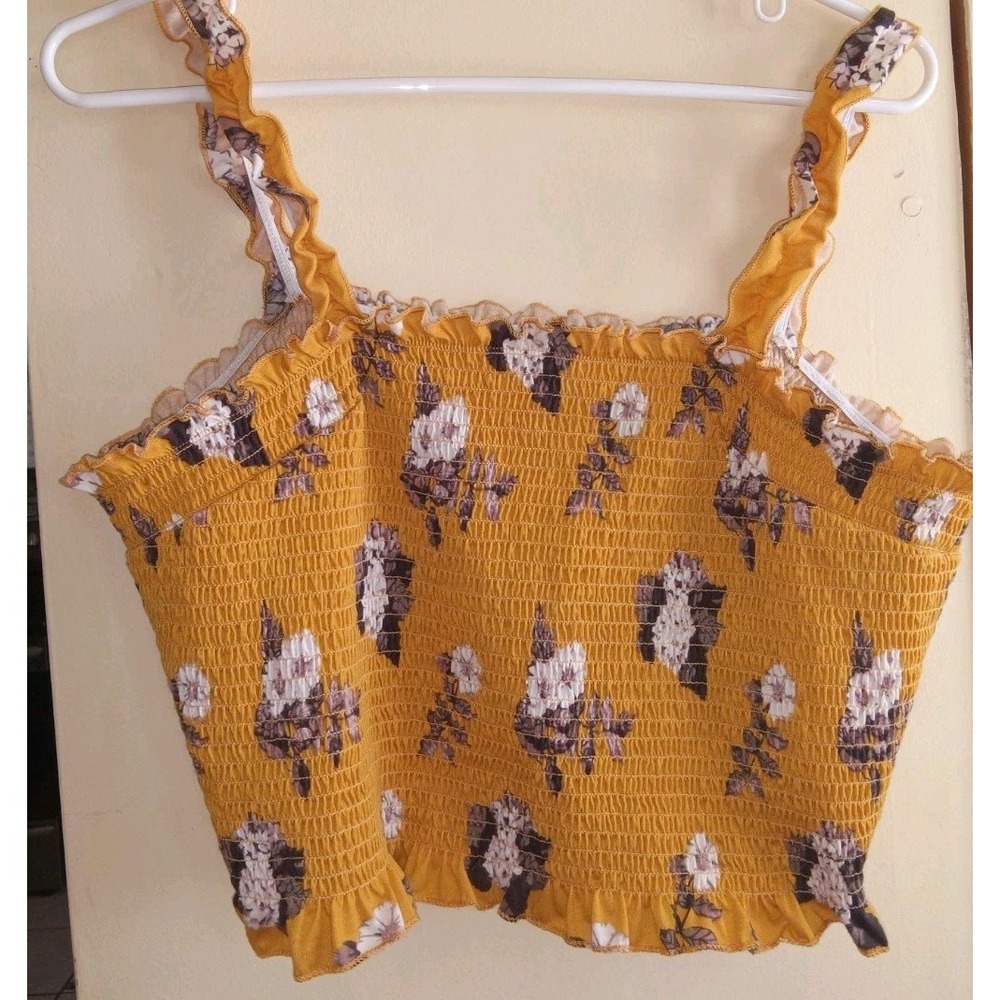 SAY WHAT - SZ 1X‎ Womens Yellow Floral Smocked Crop Top Ruffle Soft Girl Y2K